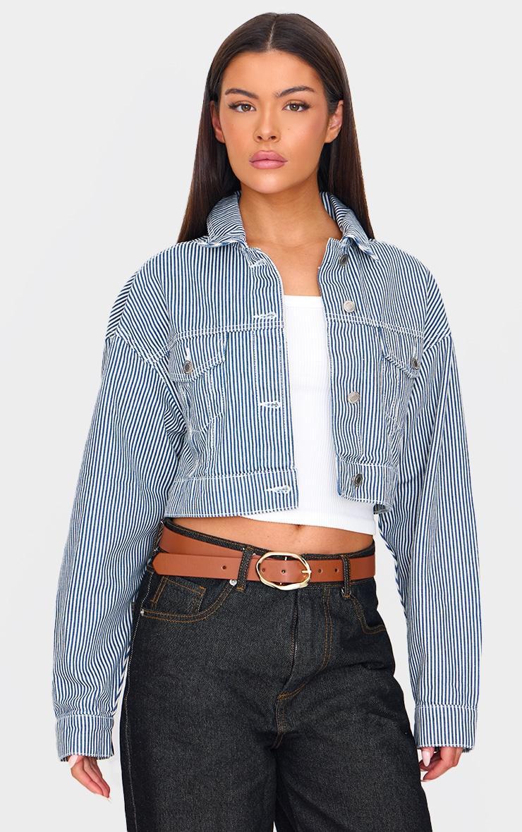 Blue Cropped Pinstripe Denim Jacket Product Image