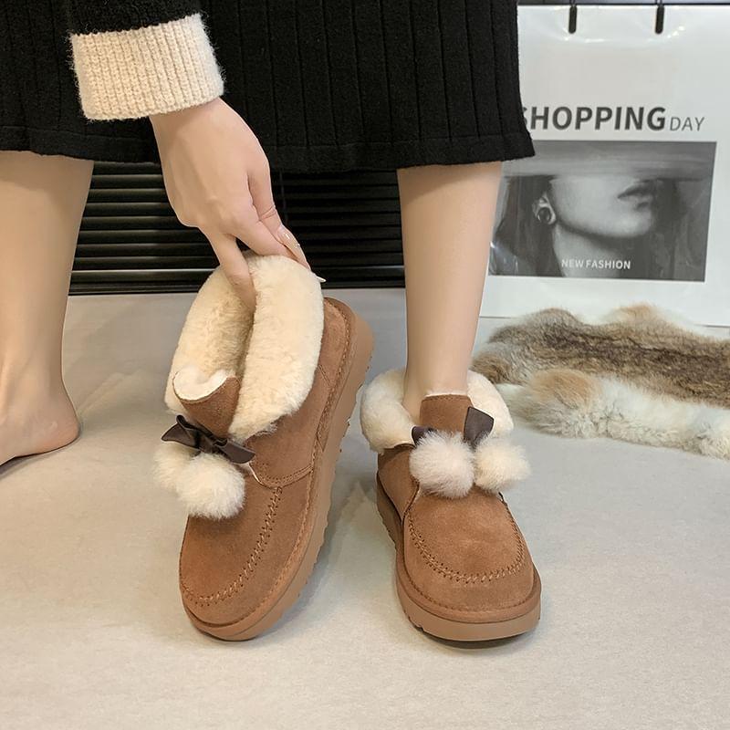 Bow Pom Pom Fleece-Lined Ankle Snow Boots Product Image