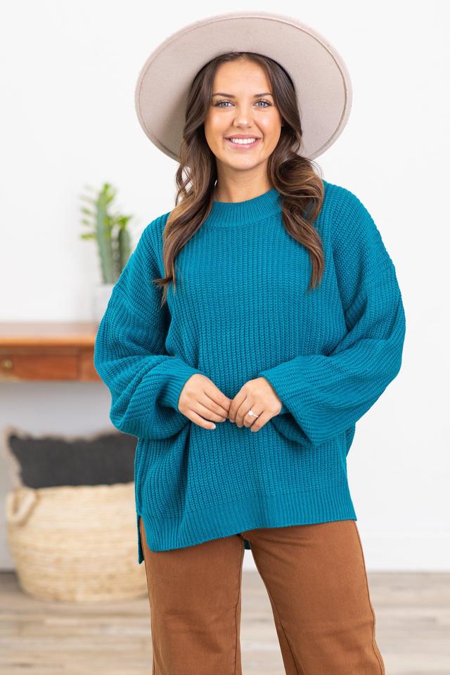 Teal Ribbed Drop Shoulder Slouchy Sweater Product Image