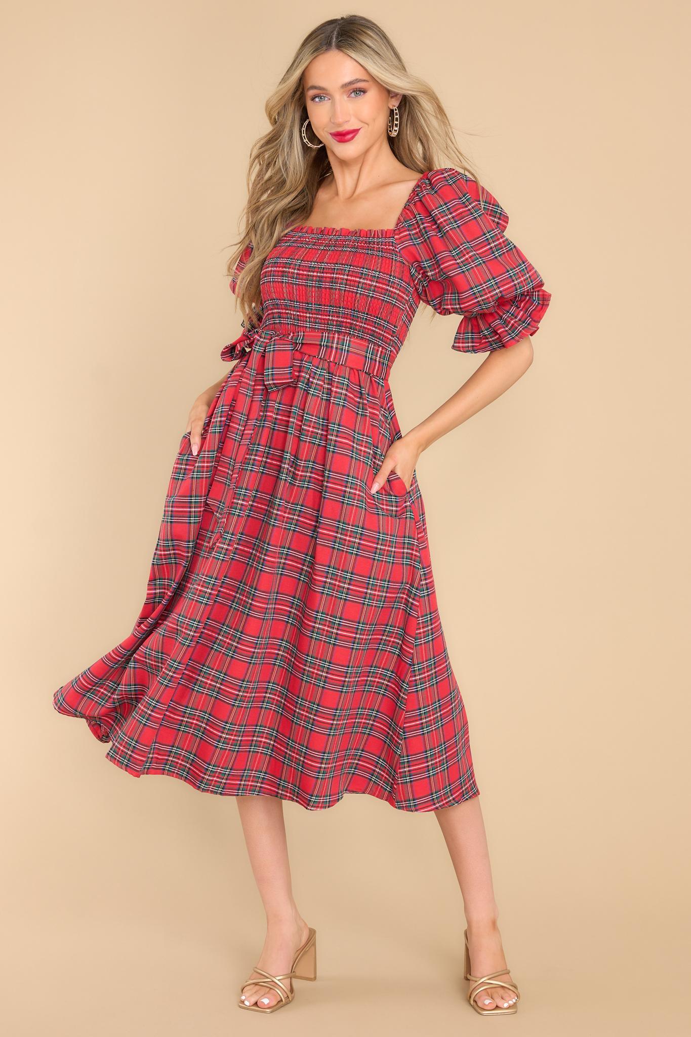 Aura Wishful Wonderland Red Plaid Midi Dress Product Image