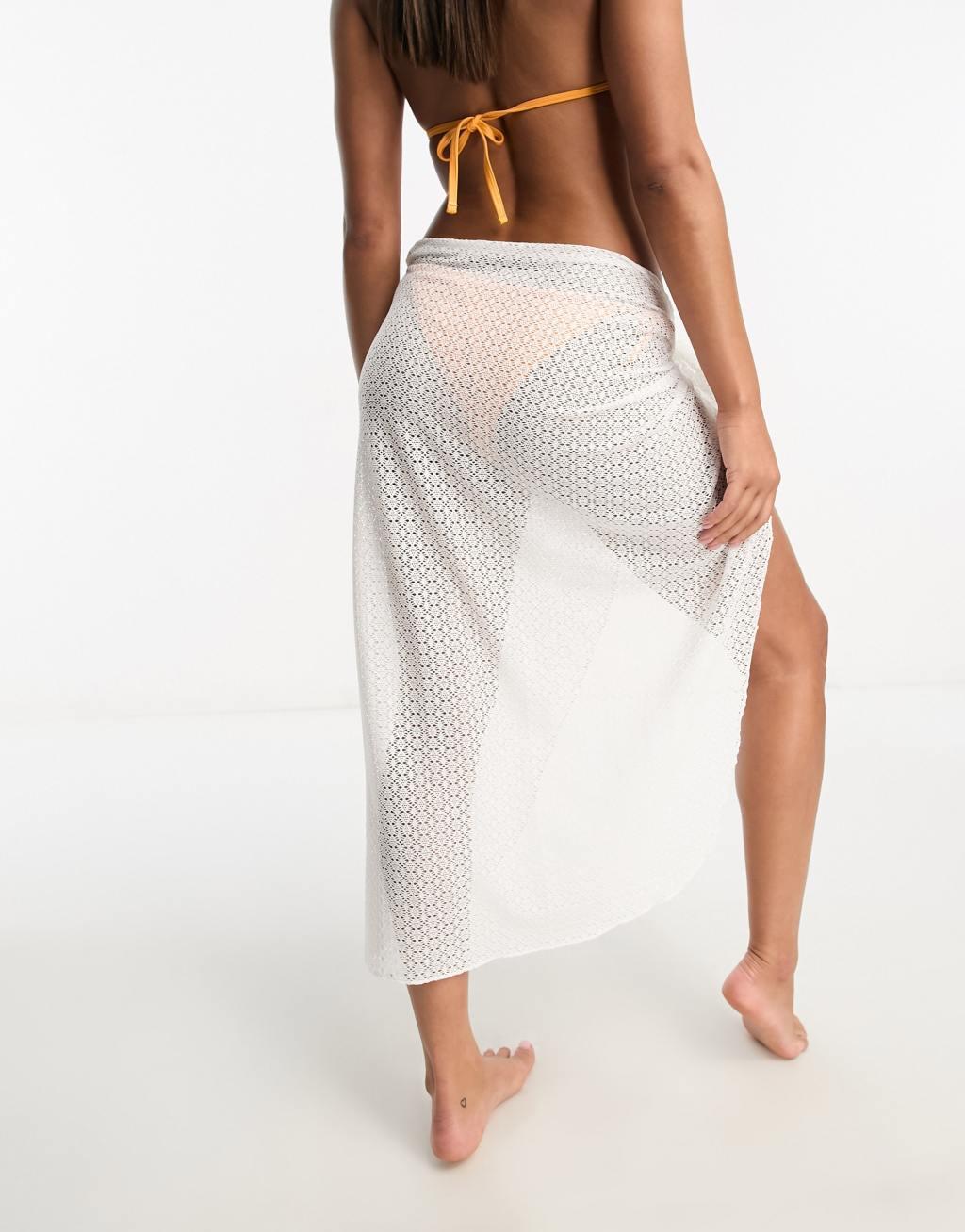 Miss Selfridge beach crochet zig zag tie side maxi skirt in white  Product Image