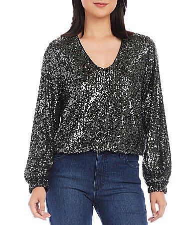 Karen Kane Sequin Mesh Knit V-Neck Blouson Sleeve Elastic Hem Blouse Product Image