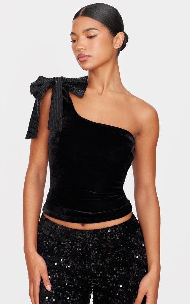 Black Asymmetric Velvet Sequin Bow Detail Long Top Product Image