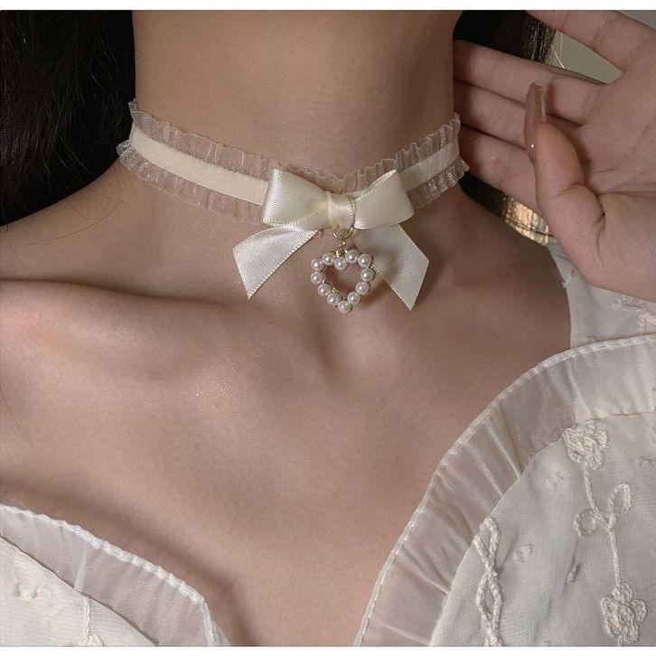 Heart Pendant Ribbon Bow Choker Necklace Product Image