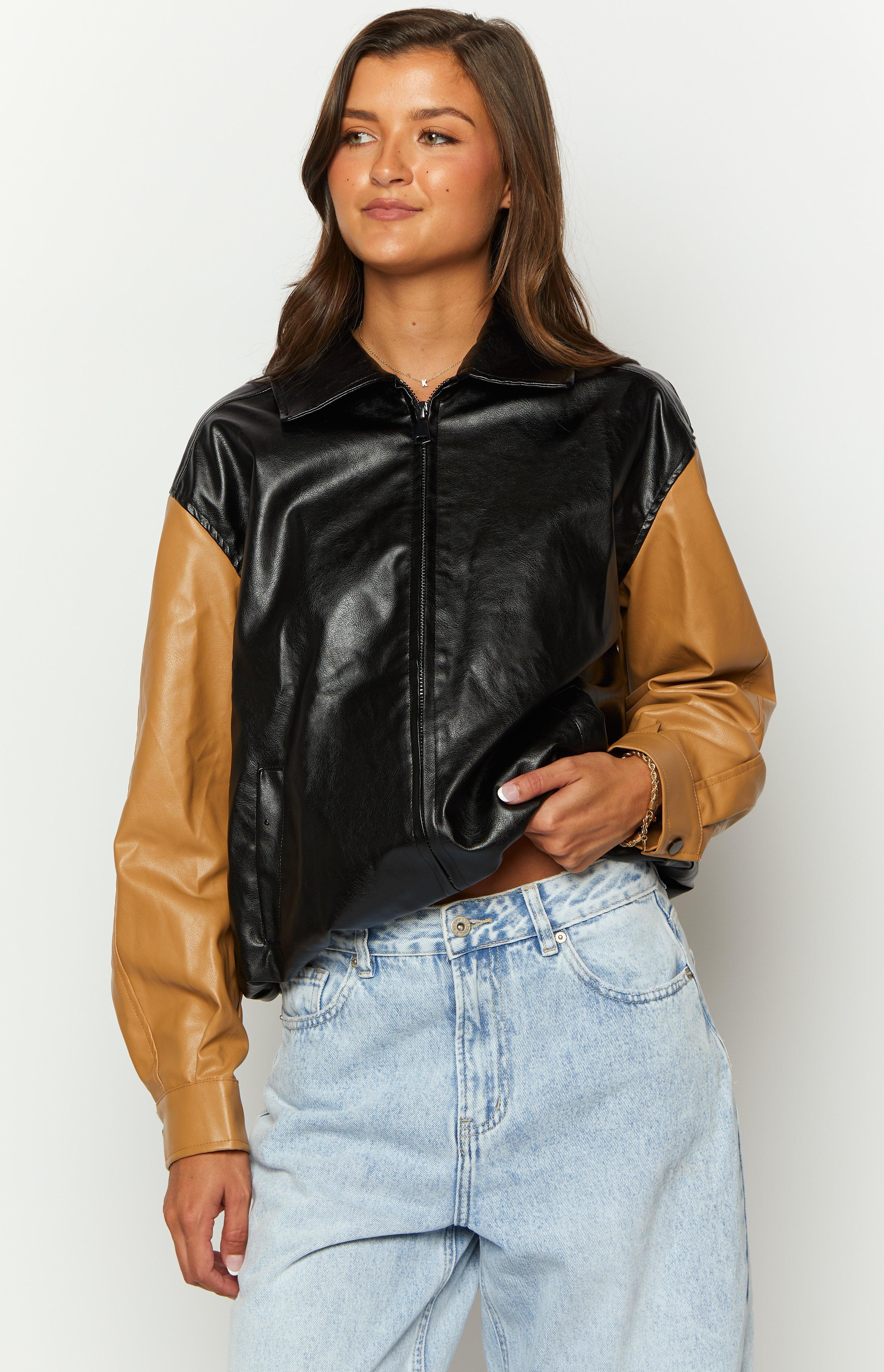 Abbi PU Black And Brown Contrast Bomber Jacket Product Image