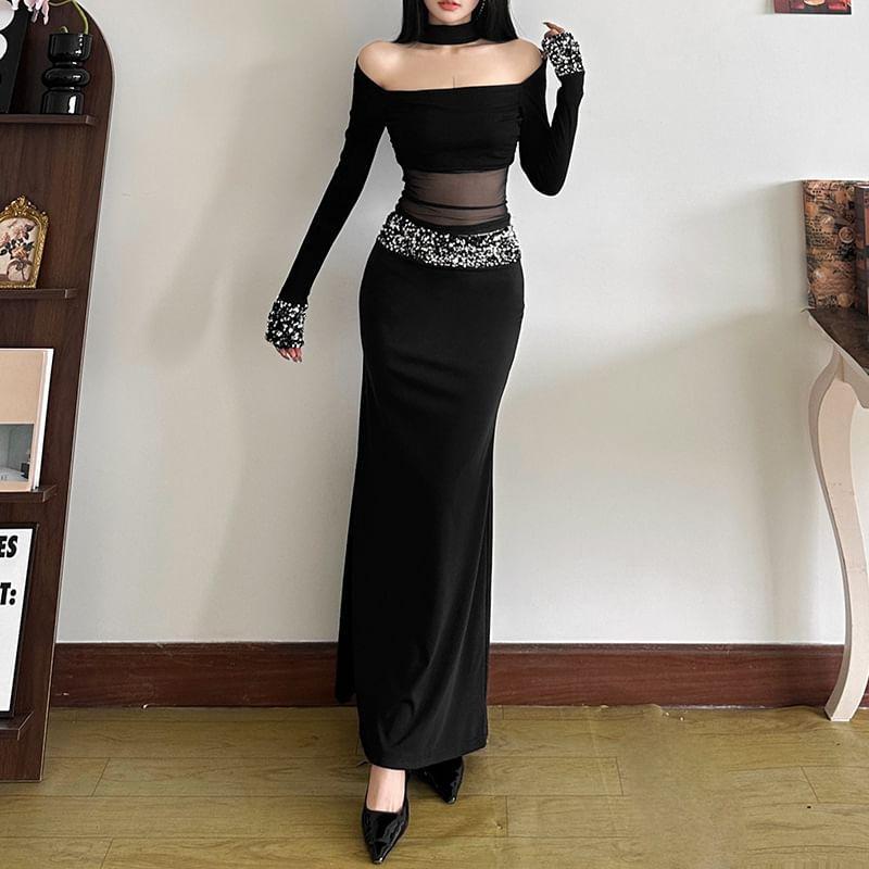 Long-Sleeve Mesh Crop Top / High Rise Glitter Maxi Fishtail Skirt Product Image