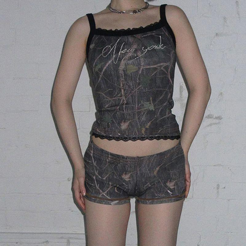 Set: Sleeveless Lettering Lace Crop Top + Hot Pants Product Image