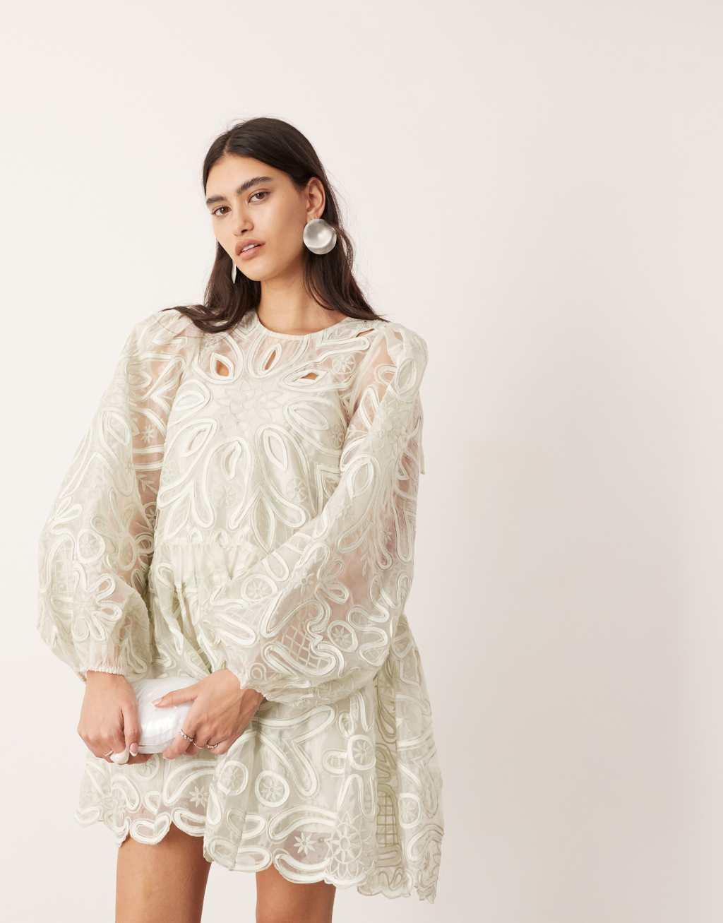 ASOS EDITION floral cutwork embroidered organza mini dress in sage green product image