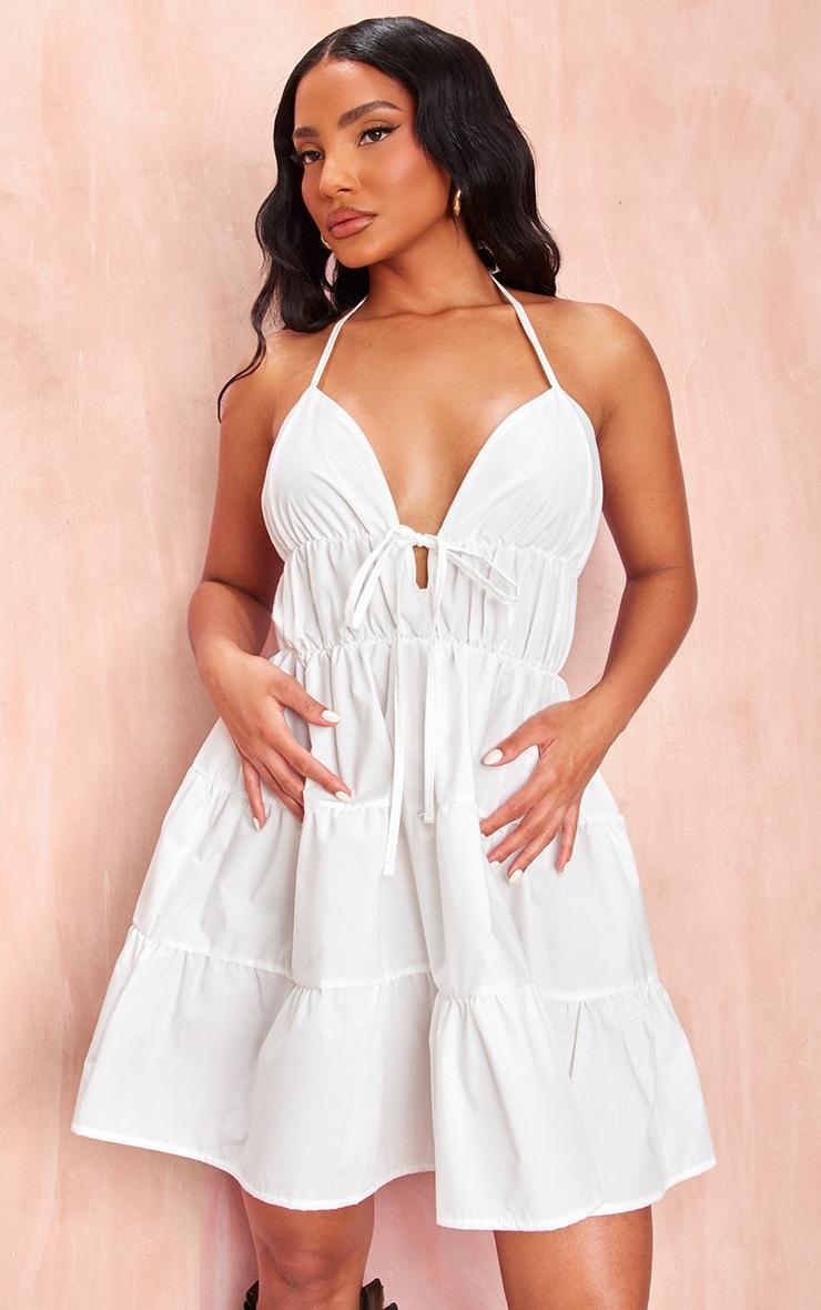 White Tiered Halterneck Shift Dress Product Image