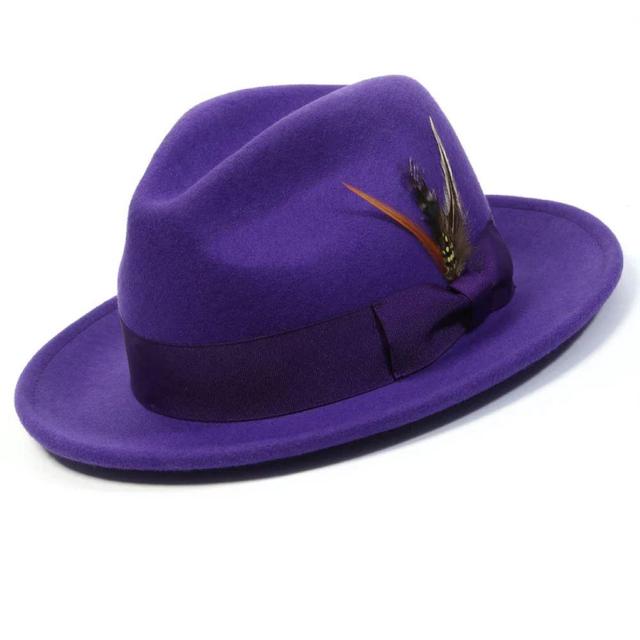 Wool Felt Fedora Pinch Front with Feather Accent in Blackberry Product Image