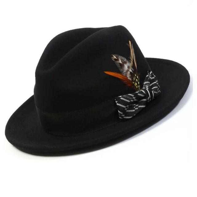 Black Wool Felt Fedora Hat with White Ribbon 2½ Brim Product Image