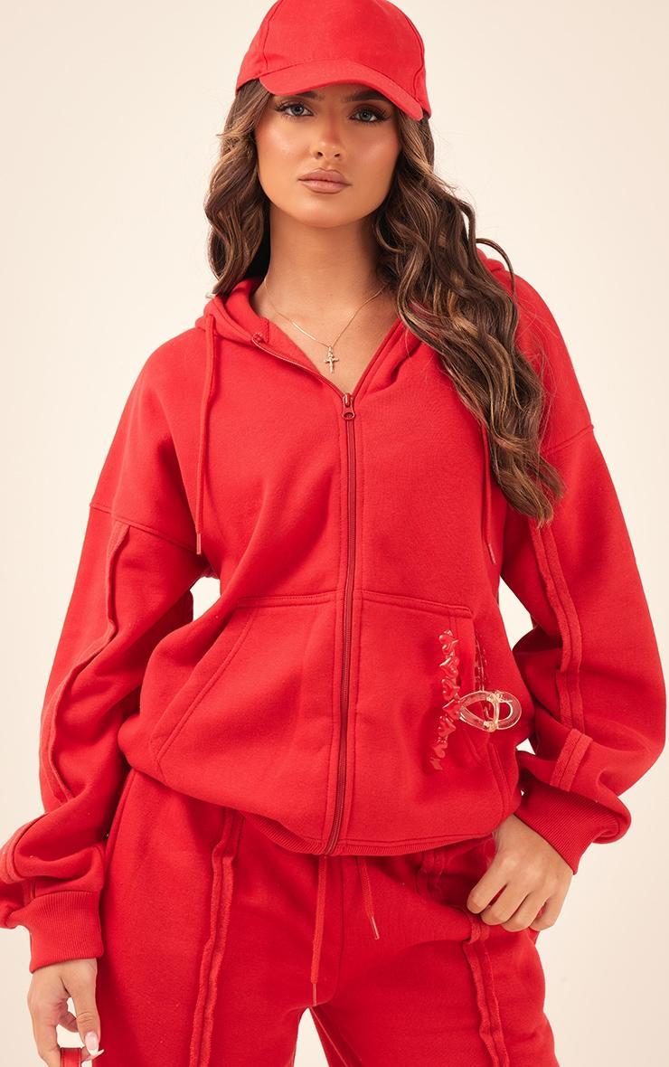 Red Oversized Zip Through Seam Detail Hoodie Product Image