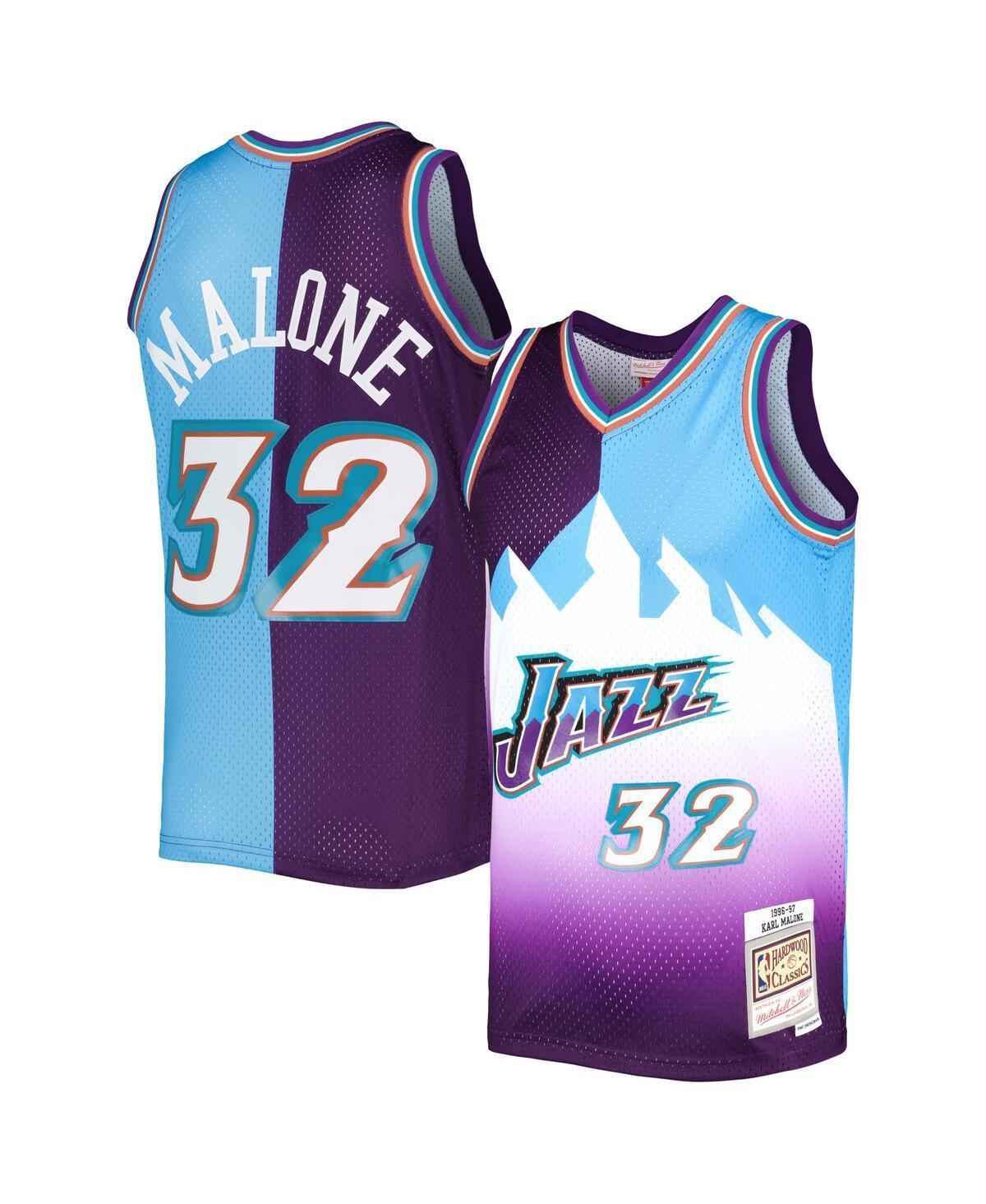 Mens Mitchell & Ness Karl Malone Purple/Turquoise Utah Jazz Hardwood Classics 1996-97 Split Swingman Jersey Product Image