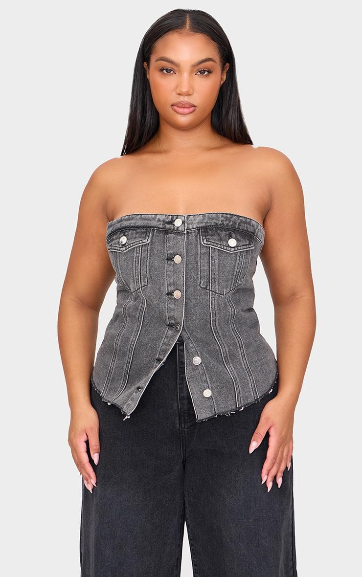 Plus Washed Grey Contrast Seam Detail Pocket Front Corset Bandeau Denim Top product image