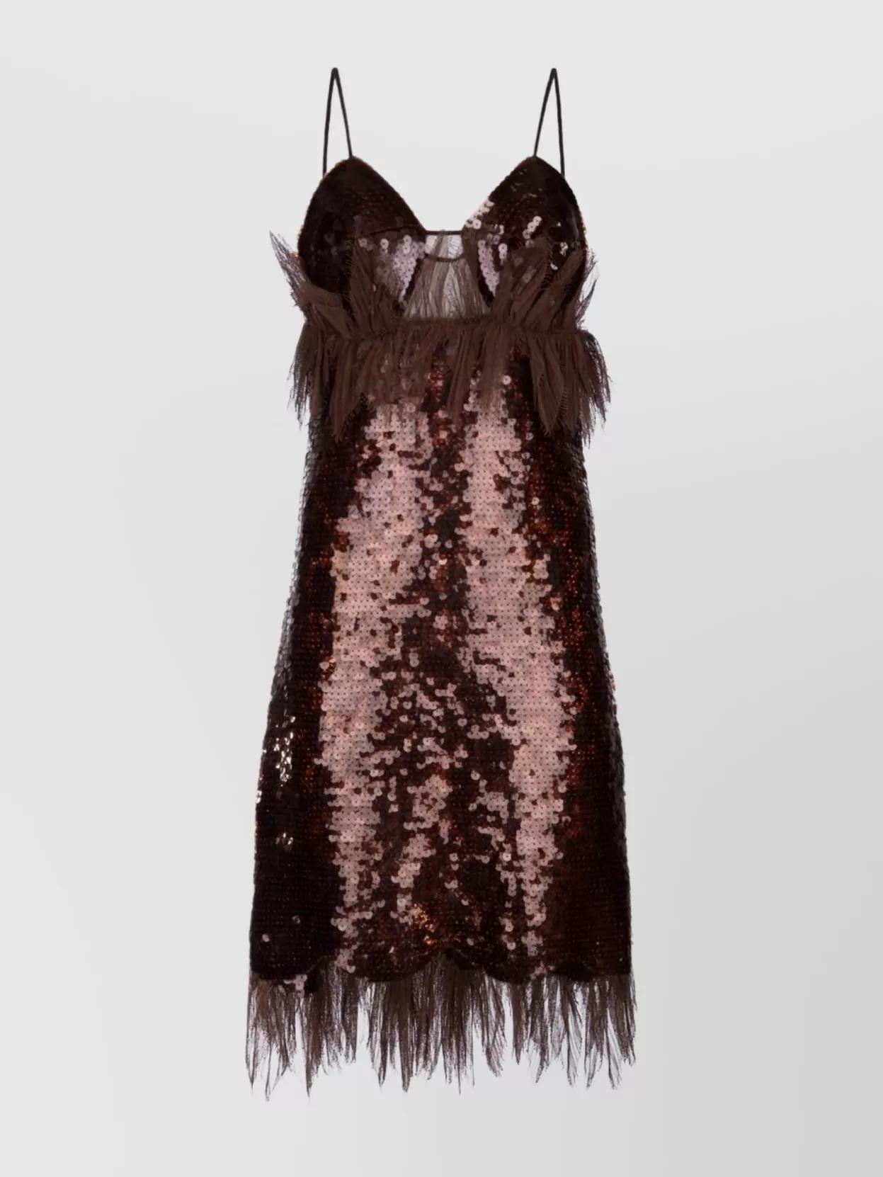 Feathered Sequin V-neck Spaghetti Strap Dress In Brown Product Image