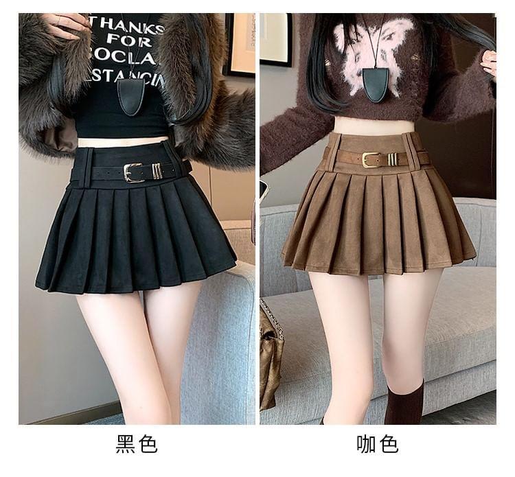 High Waist Plain Pleated Faux Suede Mini A-Line Skirt Product Image