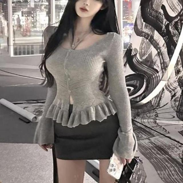 Long Sleeve Halter Plain Ruffle Button Ribbed Knit Top Product Image