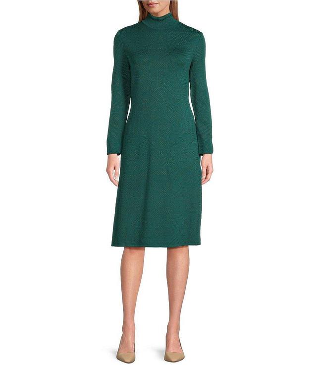 Ming Wang Burnout Jacquard Knit Mock Neck Long Sleeve Dress Product Image