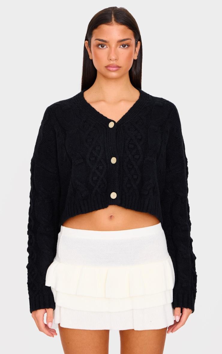 Black Textured Cable Knit Cropped Cardigan product image