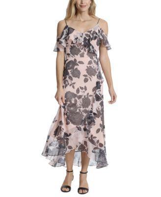 Petite Floral-Print Ruffled Cold-Shoulder Maxi Dress Product Image