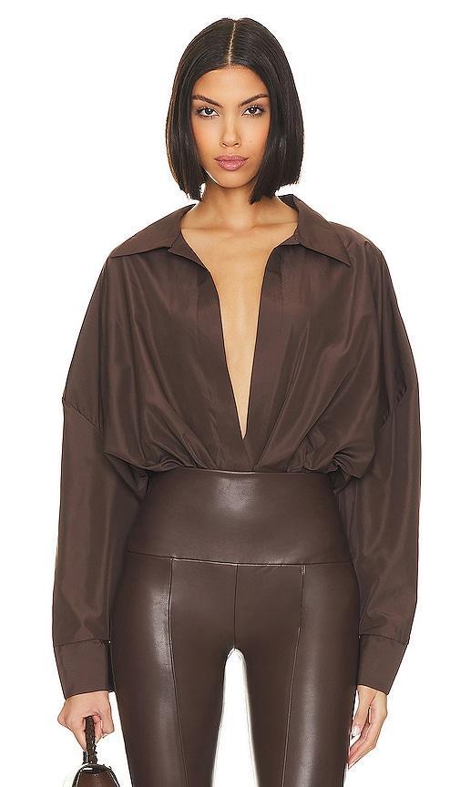 Norma Kamali Super Oversized Boyfriend Shirt Bodysuit Chocolate. (also in L, S, XS). Product Image