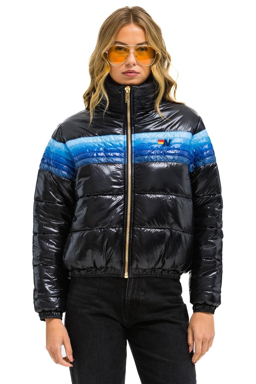 5 STRIPE LUXE APRES PUFFER JACKET - GLOSSY BLACK // BLUE STRIPES Female Product Image