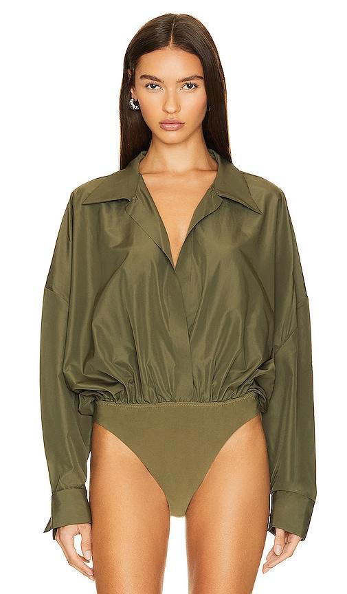 Norma Kamali Oversized Boyfriend Shirt Bodysuit in Dark Green. Product Image