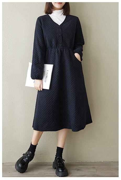 Long-Sleeve V-Neck Plain Quilted Half-Buttoned Midi A-Line Dress Product Image