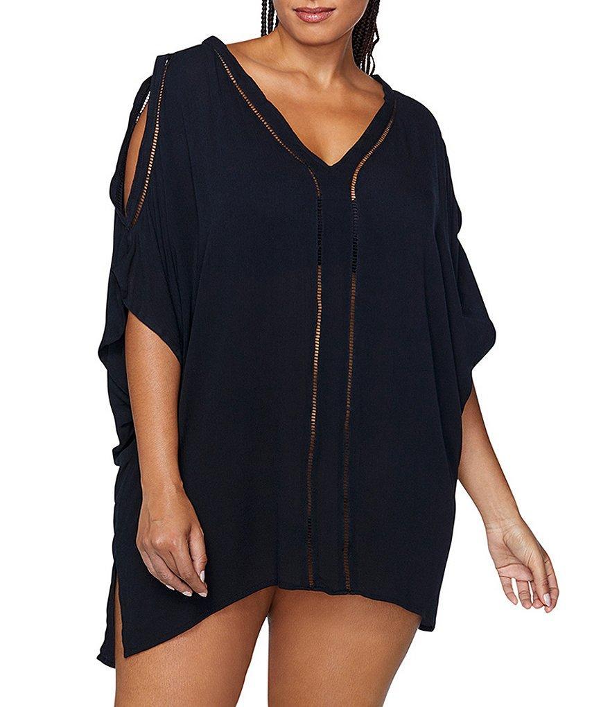 Raisins Curve Plus Size Tranquilo Solid Crochet Detail V-Neck Cold Shoulder Caftan Cover-Up Product Image