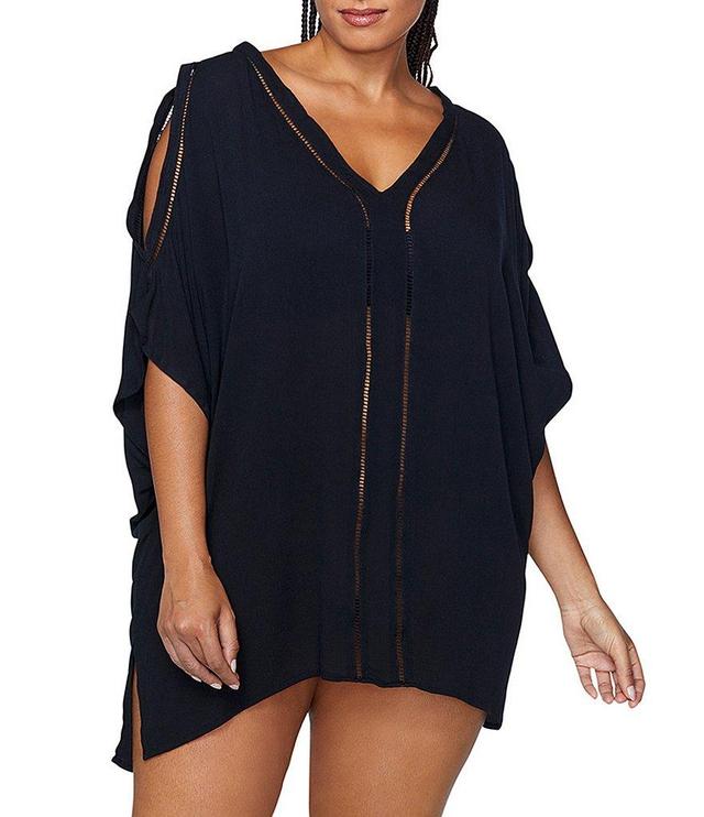 Raisins Curve Plus Size Tranquilo Solid Crochet Detail V-Neck Cold Shoulder Caftan Cover-Up Product Image