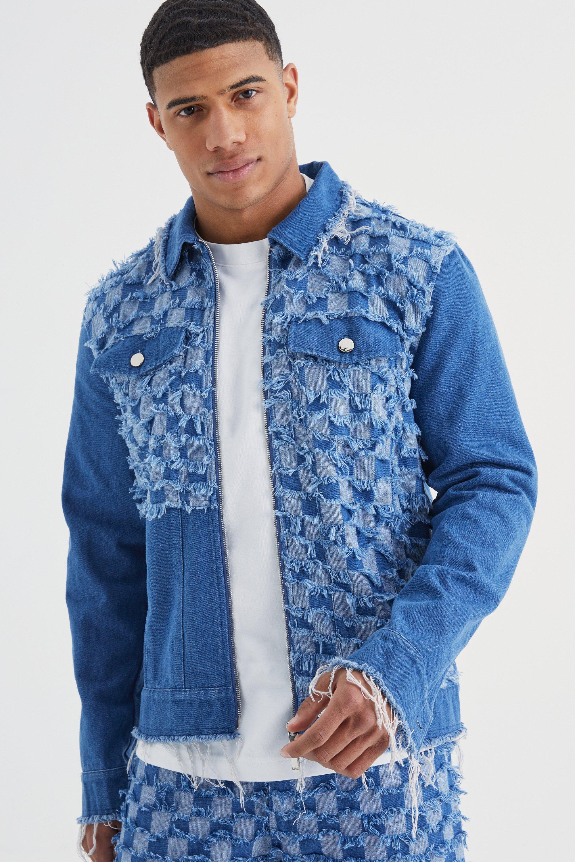 Checkerboard Spliced Denim Jacket | boohooMAN USA Product Image