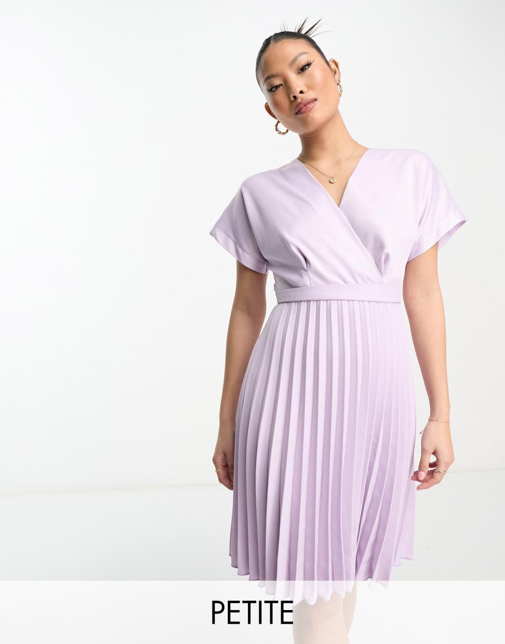 Closet London Petite wrap front pleated mini dress in lavender Product Image