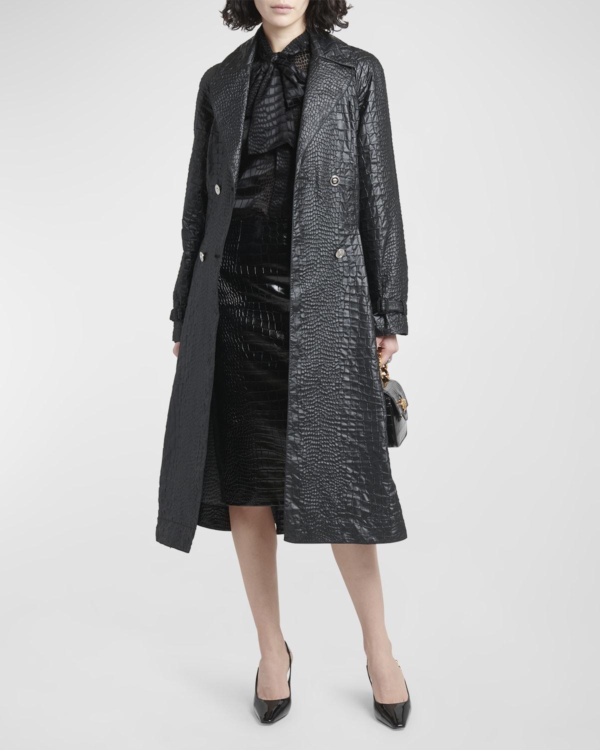 Womens Crocodile-Embossed A-Line Trench Coat Product Image