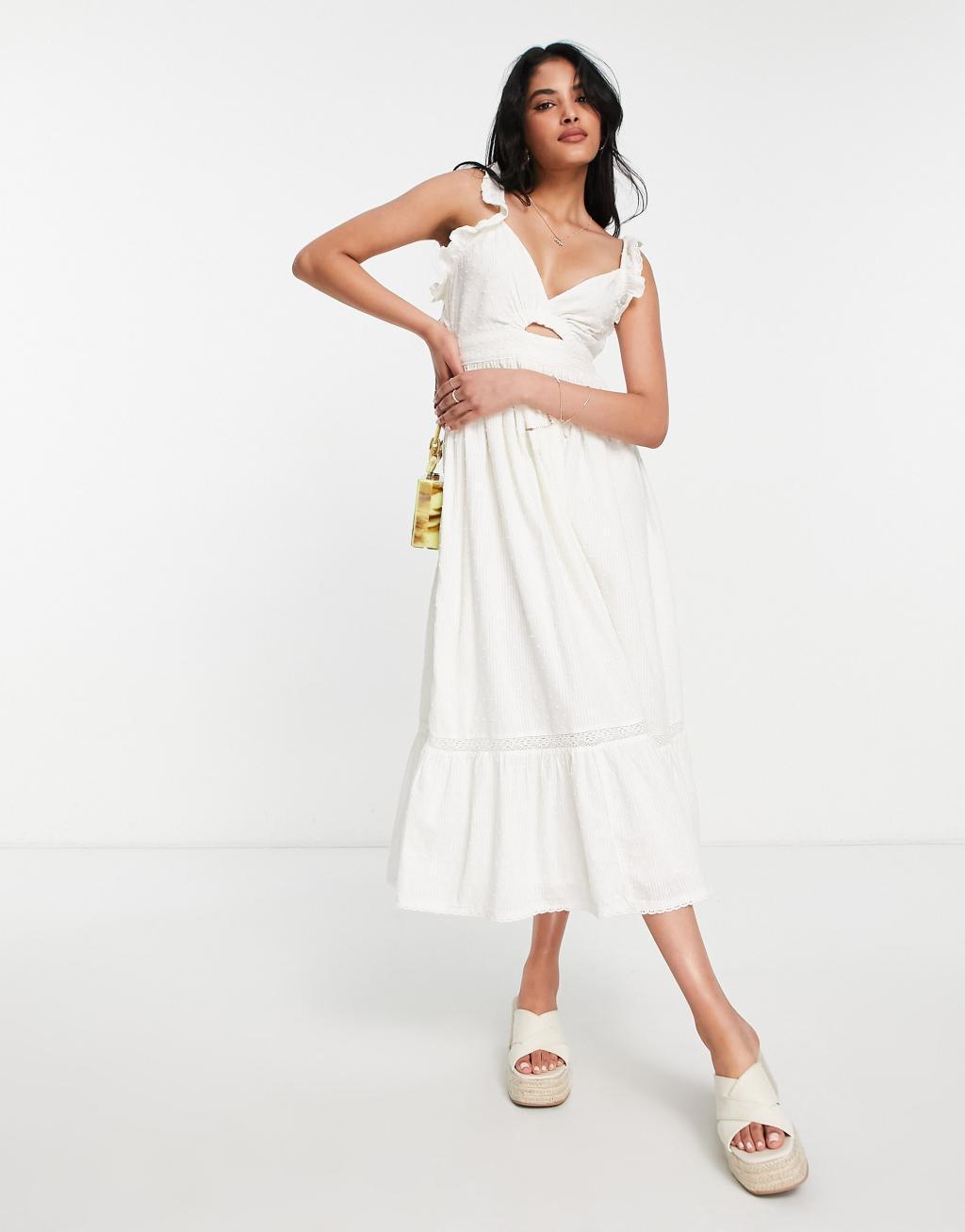 Topshop frill textured broderie cut out midi sun dress in ivory product image