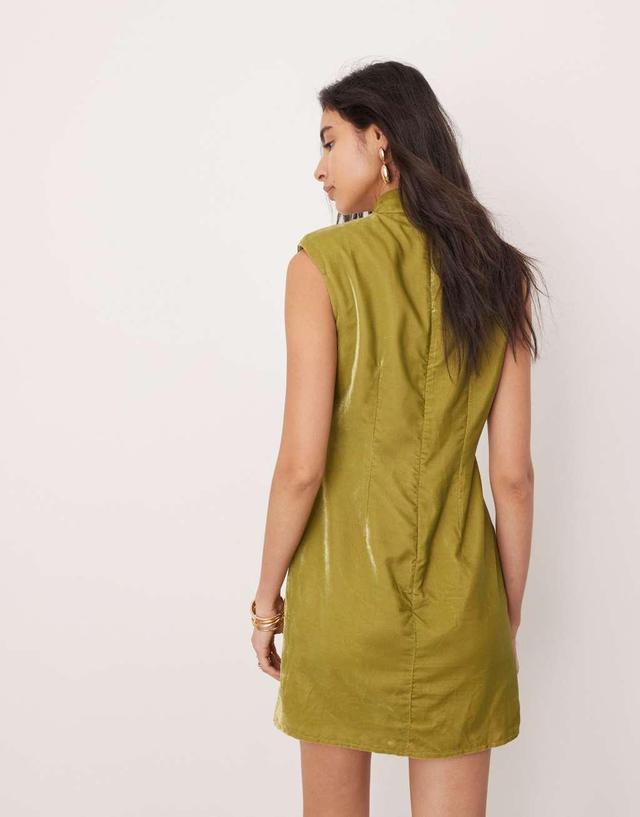 ASOS EDITION velvet embellished contour draped fringe high neck mini dress in olive green Product Image