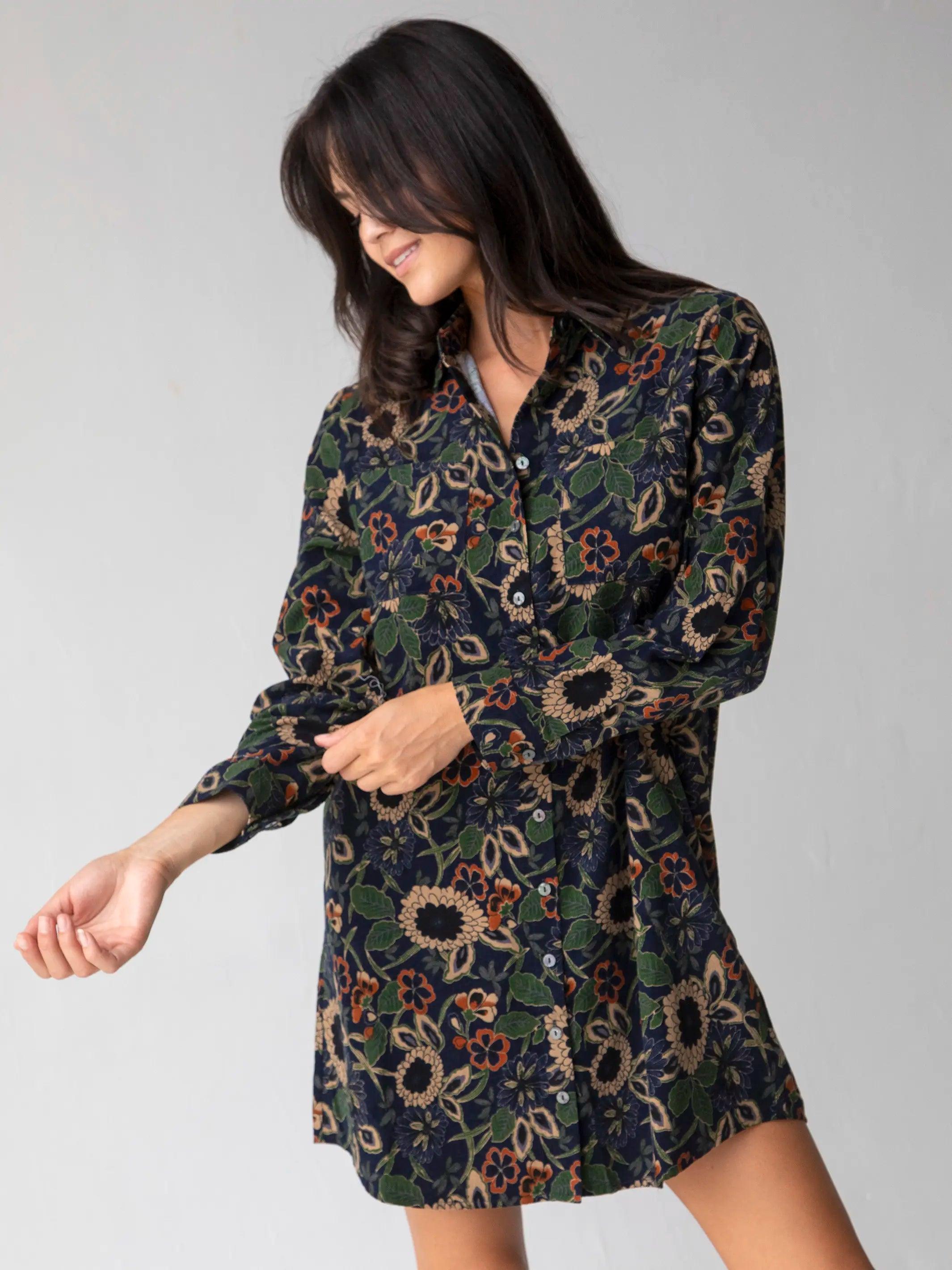 Rocky Corduroy Dress - Navy Tan Dahlias Product Image