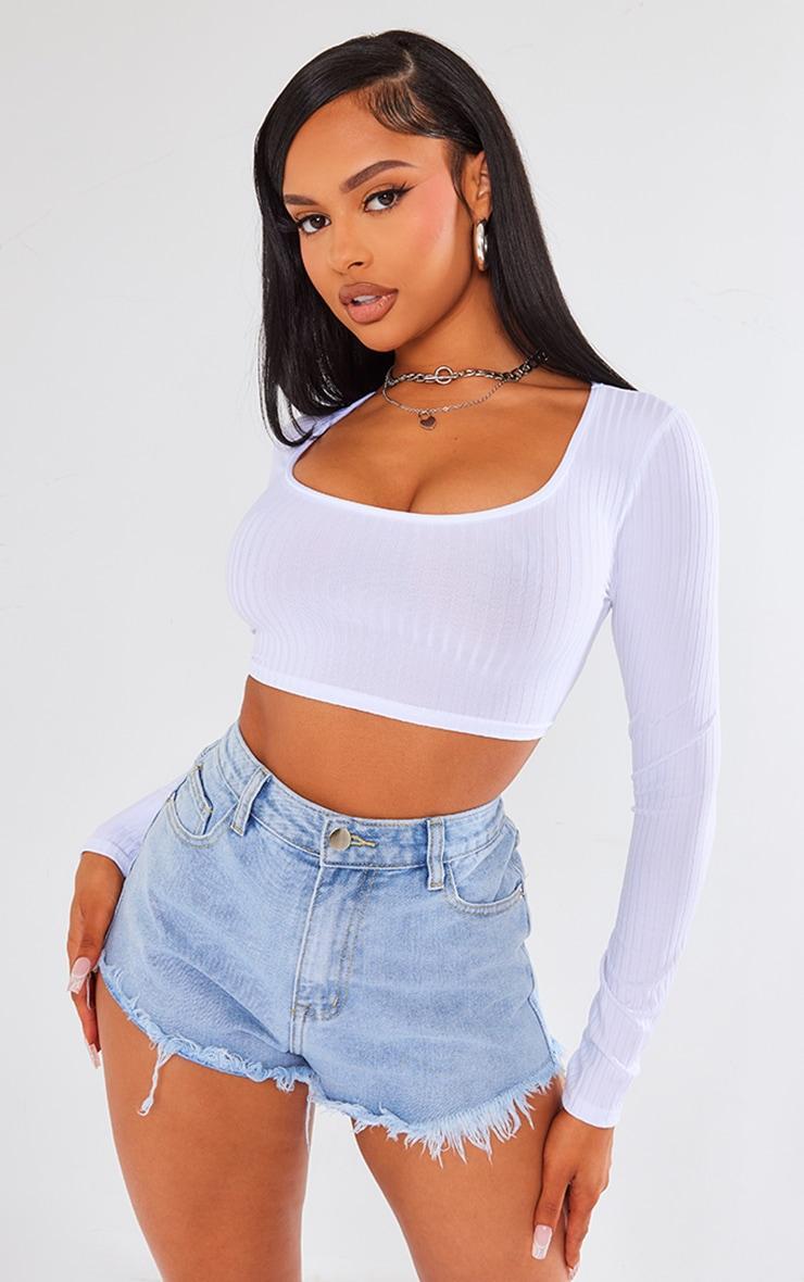 Basic White Rib Long Sleeve Crop Top Product Image