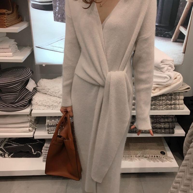 Long Sleeve V-Neck Plain Tie Waist Wrap Midi Sweater Dress Product Image