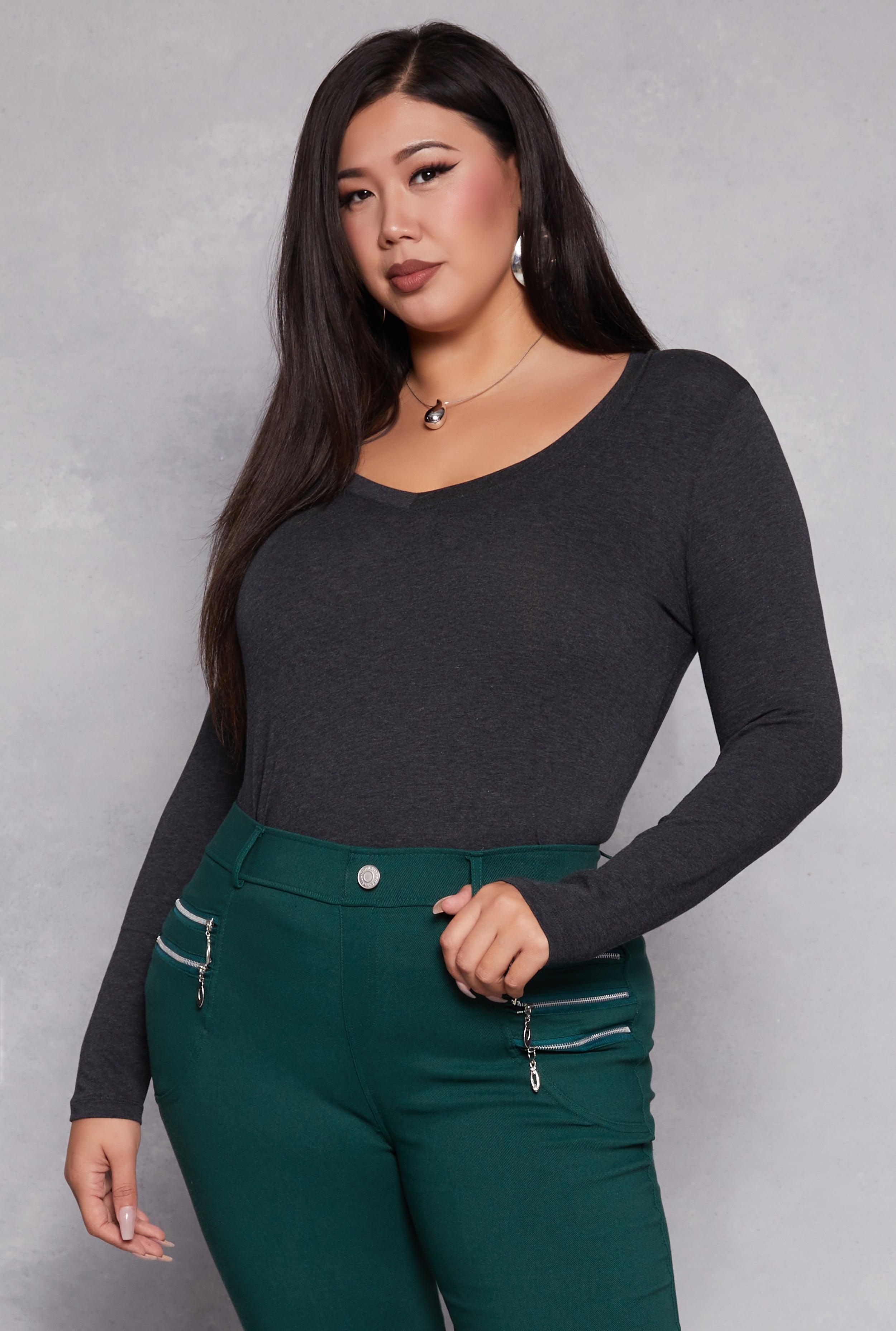 Womens Plus Size Basic Long Sleeve V Neck Tee Product Image