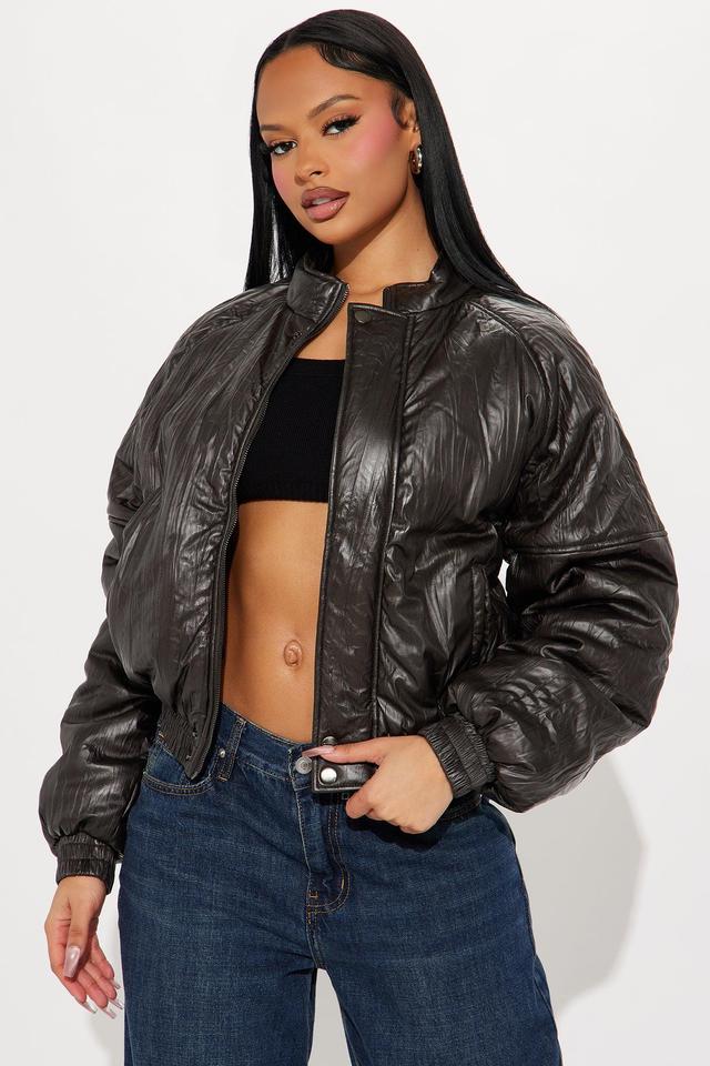 Bossed Up Crinkled Faux Leather Bomber Jacket - Charcoal Product Image