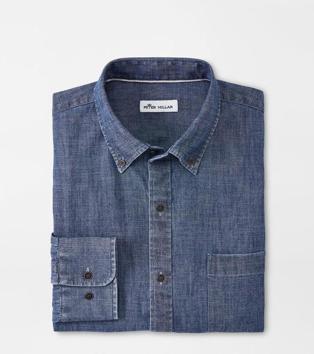 Peter Millar Mens Tamworth Chambray Cotton-Stretch Sport Shirt | Color: Indigo | Size: S Product Image