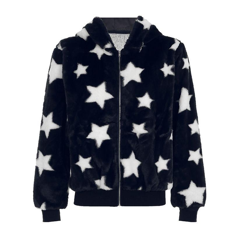 Long Sleeve Star Print Furry Zip-Up Hooded Jacket product image