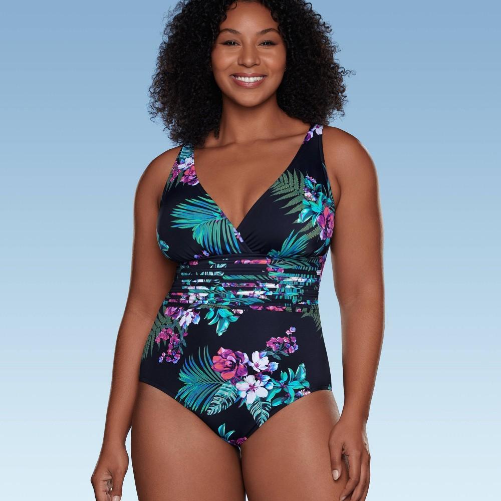 Womens Waist Detail Over the Shoulder One Piece Swimsuit - Aqua Black Floral Print Product Image