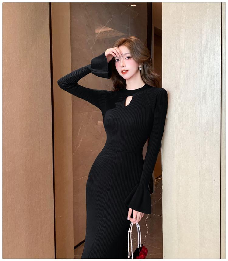 Long-Sleeve Round Neck Plain Cutout Ribbed Midi Sheath Knit Dress Product Image