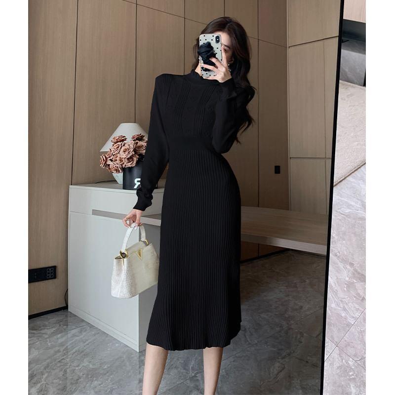 Long-Sleeve Mock Neck Plain Ribbed Knit Midi Sheath Dress product image