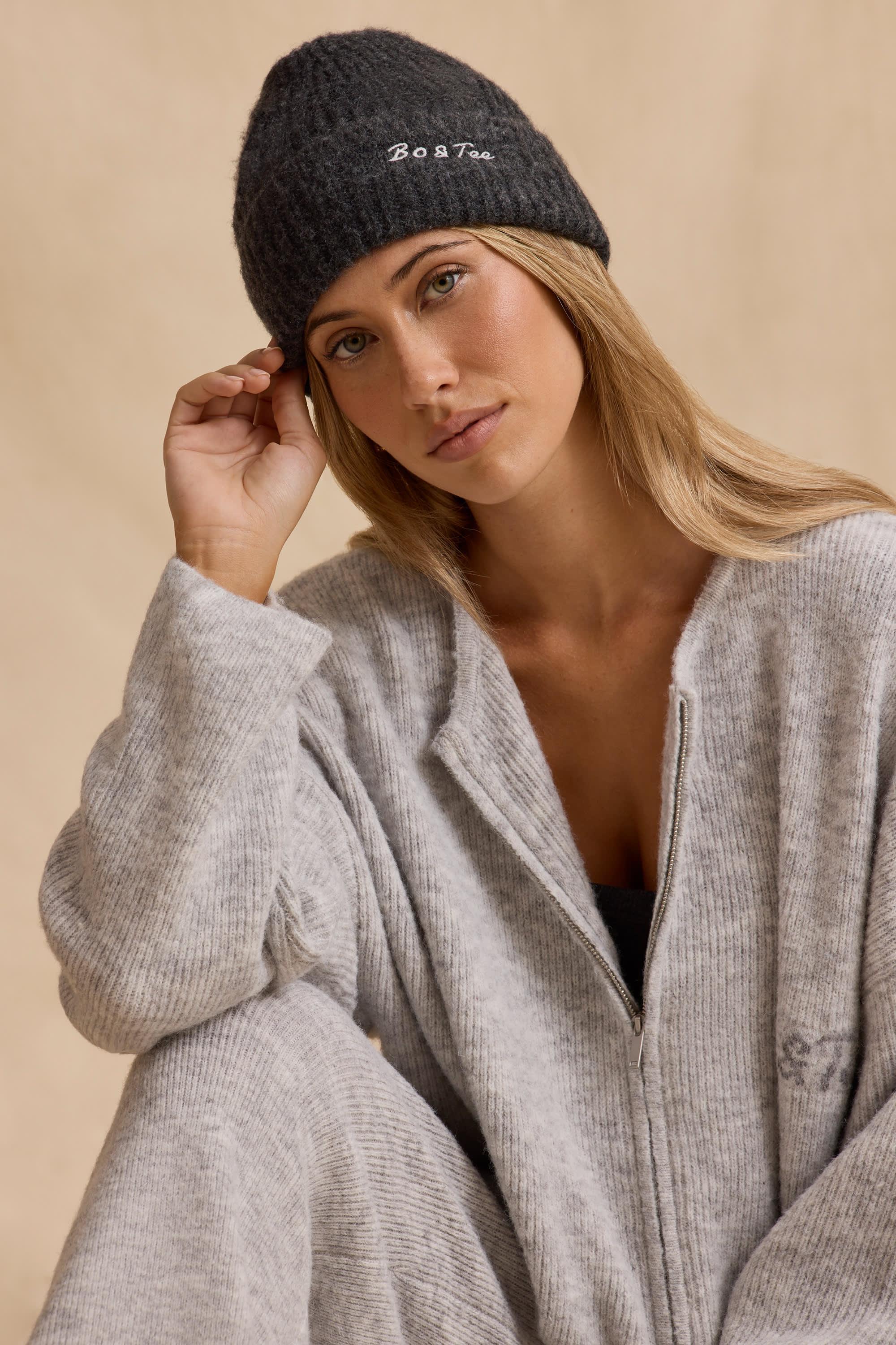 Knit Beanie Hat in Charcoal Marl Product Image