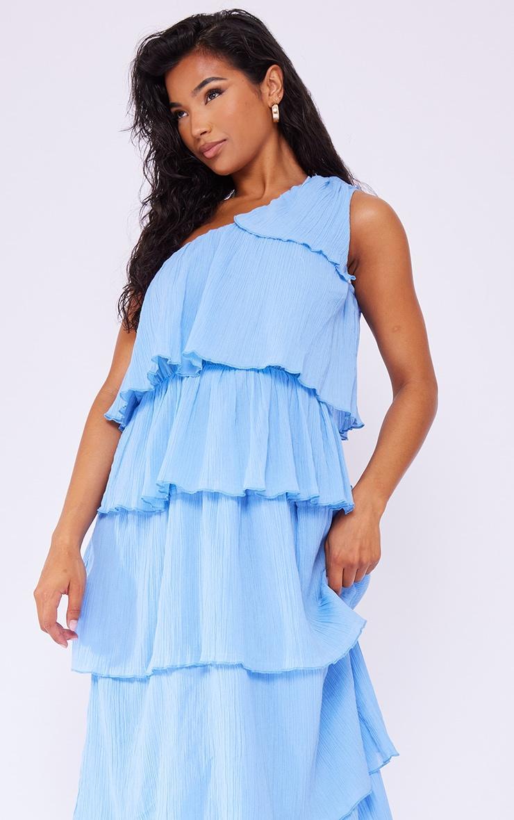 Light Blue Crinkle One Shoulder Tiered Maxi Dress Product Image