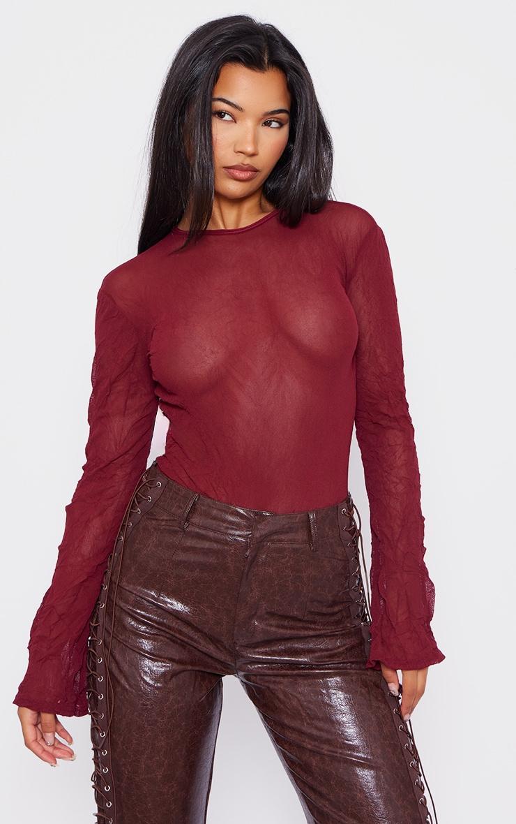 Red Textured Mesh Open Tie Back Detail Bodysuit Product Image