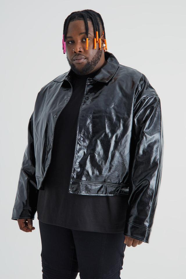 Plus Boxy High Shine PU Harrington Jacket | boohooMAN USA Product Image