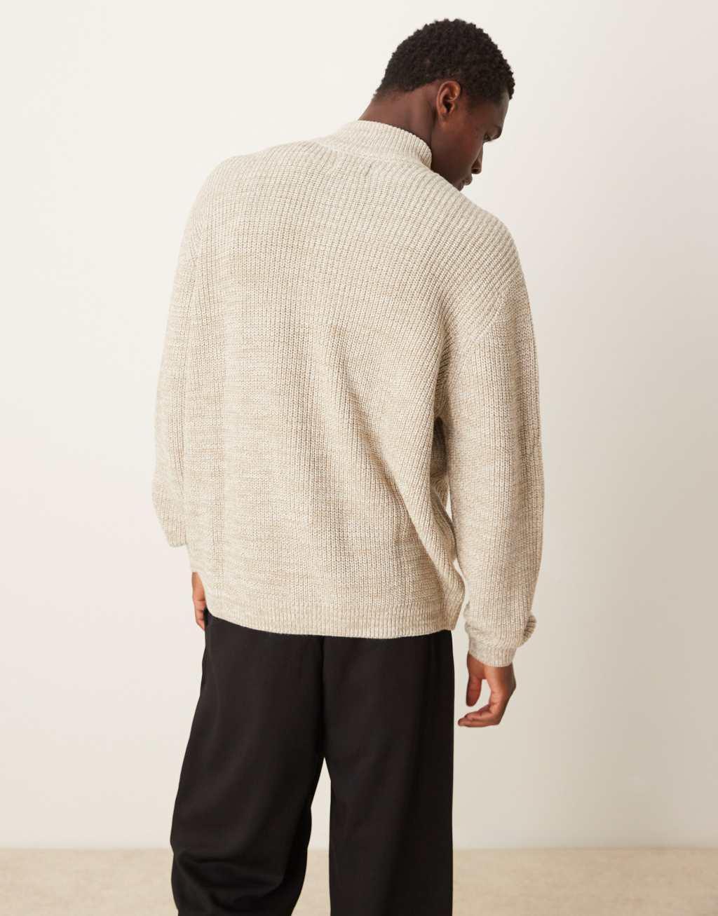 ASOS DESIGN knitted oversized fisherman rib zip through in oatmeal twist Product Image